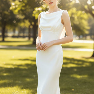 Simple Plain Satin Mermaid Wedding Dress with Open Back - Rosymae