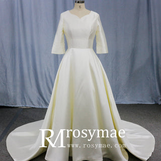 Simple Satin Half Sleeve Bridal Gown Quee Ann Wedding Dresses - Rosymae