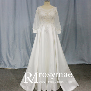 simple-satin-lace-lantern-sleeve-wedding-dress