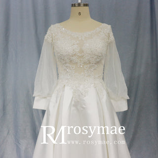 simple-satin-lace-lantern-sleeve-wedding-dresses