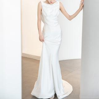 Simple Plain Satin Mermaid Wedding Dress with Open Back