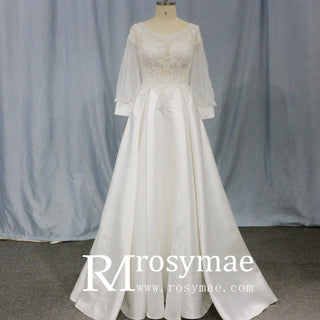 Simple Satin&Lace Lantern Sleeve Wedding Dress Illusion - Rosymae