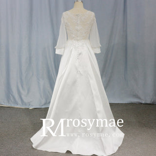 Simple Satin&Lace Lantern Sleeve Wedding Dress Illusion - Rosymae