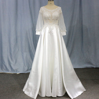 Simple Satin&Lace Lantern Sleeve Wedding Dress Illusion - Rosymae