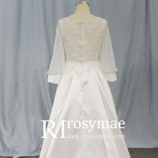 Simple Satin&Lace Lantern Sleeve Wedding Dress Illusion - Rosymae