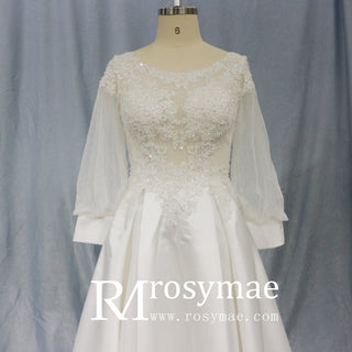 Simple Satin&Lace Lantern Sleeve Wedding Dress Illusion - Rosymae