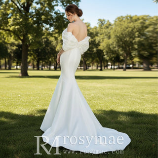 Simple Taffeta Trumpet Wedding Dress with Off the Shoulder Sleeve - Rosymae