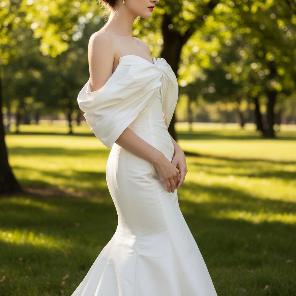 Simple Taffeta Trumpet Wedding Dress with Off the Shoulder Sleeve - Rosymae