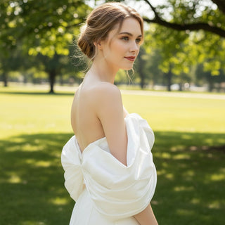 Simple Taffeta Trumpet Wedding Dress with Off the Shoulder Sleeve - Rosymae