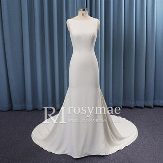 Classic Plain Simple Sleek Satin Wedding Dresses with Boat Neck