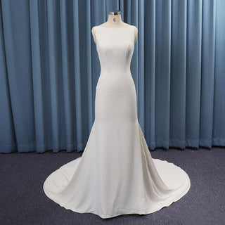 Classic Plain Simple Sleek Satin Wedding Dresses with Boat Neck