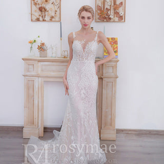 Sleeveless Illusion Neckline Sheer Lace Mermaid Wedding Dress - Rosymae