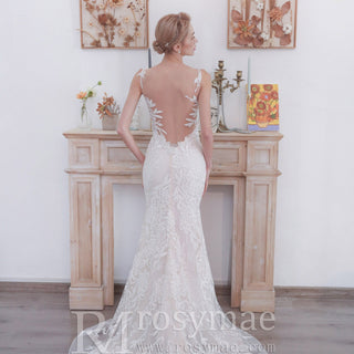 Sleeveless Illusion Neckline Sheer Lace Mermaid Wedding Dress - Rosymae