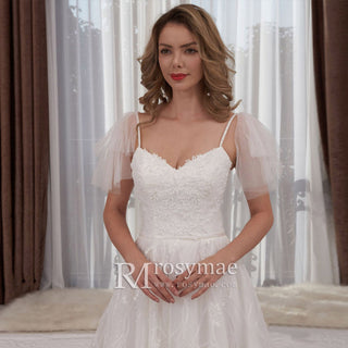 Spaghetti Strap A-line Lace Wedding Dress With Cap Sleeve - Rosymae