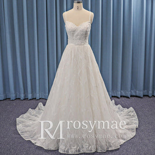 Spaghetti Strap A-line Lace Wedding Dress With Cap Sleeve - Rosymae