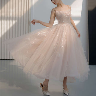 Tea Length Formal Dress Party Gown with Tank Strap and Feathers