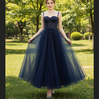 Tea Length Blue Formal Dress Prom Party Gown with Tank Top Navy Blue / 2 Tea Length Blue Formal Dress Prom Party Gown with Tank Top Navy Blue / 2