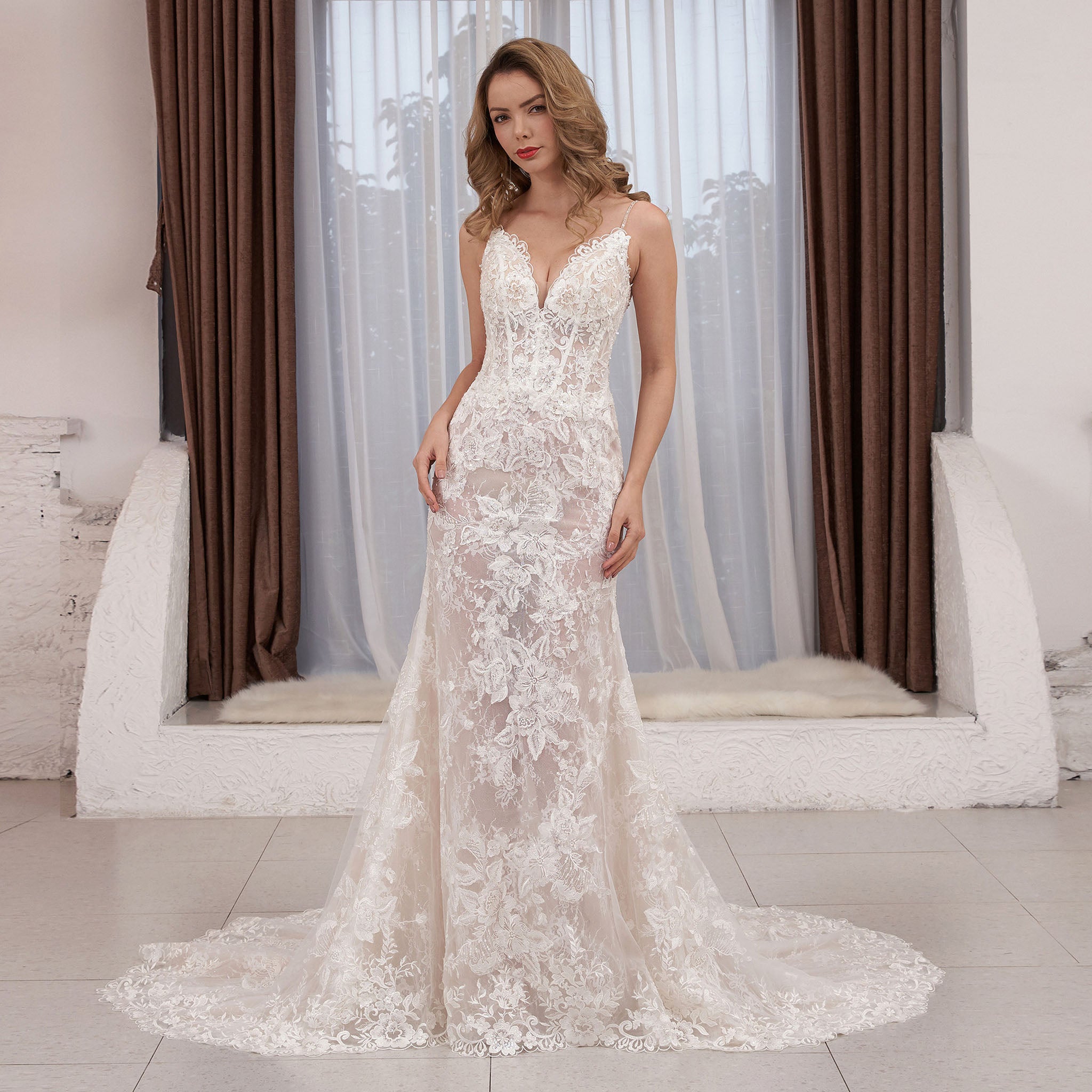 Spaghetti Strap Fit Flare V-neck Lace Bridal Gown Wedding Dress White / 24W Spaghetti Strap Fit Flare V-neck Lace Bridal Gown Wedding Dress White / 24W