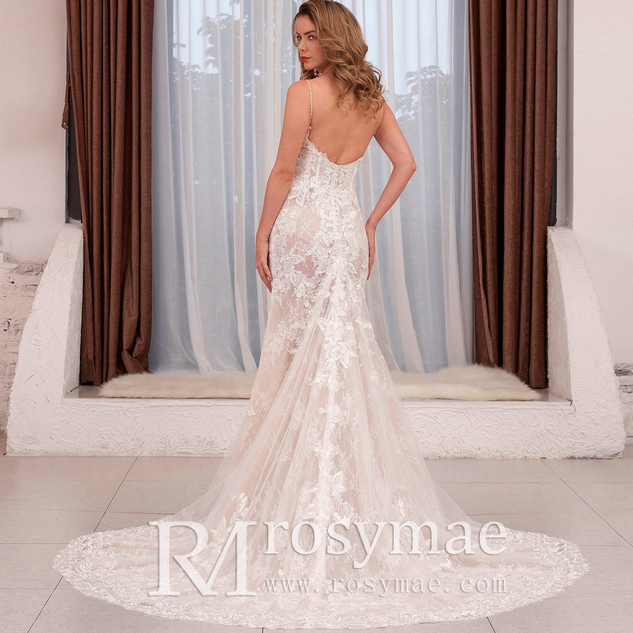 Spaghetti Strap Fit Flare V-neck Lace Bridal Gown Wedding Dress - Rosymae