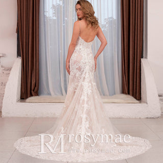 Spaghetti Strap Fit Flare V-neck Lace Bridal Gown Wedding Dress - Rosymae