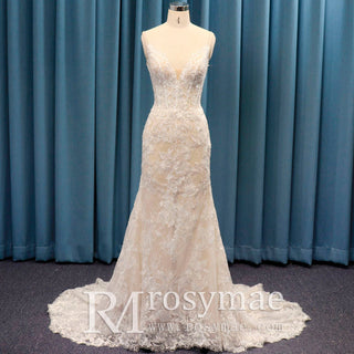 Spaghetti Strap Fit Flare V-neck Lace Bridal Gown Wedding Dress - Rosymae