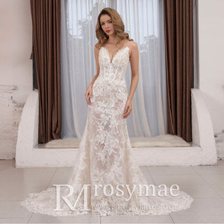 Spaghetti Strap Fit Flare V-neck Lace Bridal Gown Wedding Dress - Rosymae