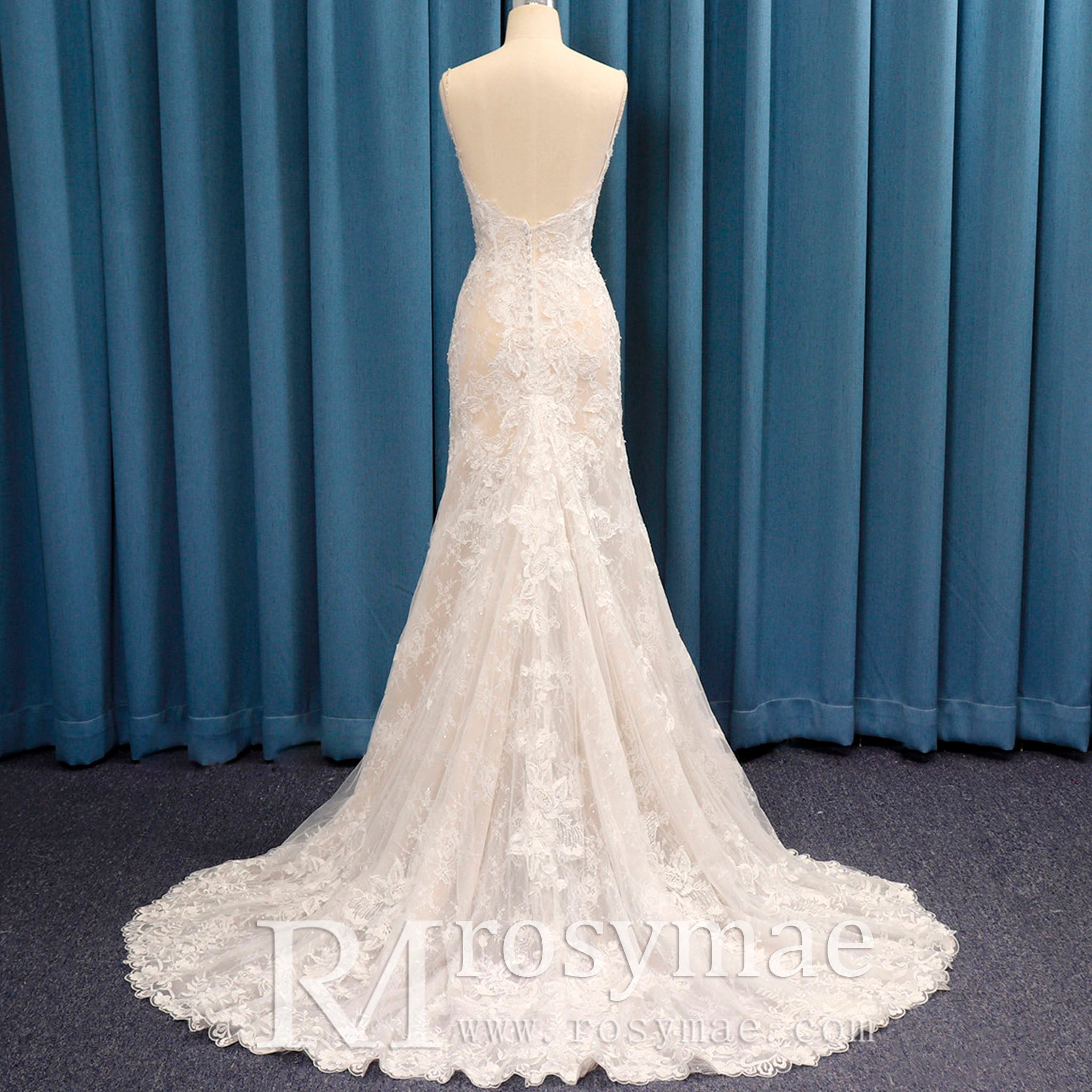 Spaghetti Strap Fit Flare V-neck Lace Bridal Gown Wedding Dress - Rosymae