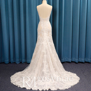 Spaghetti Strap Fit Flare V-neck Lace Bridal Gown Wedding Dress - Rosymae