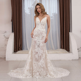 Spaghetti Strap Fit Flare V-neck Lace Bridal Gown Wedding Dress - Rosymae
