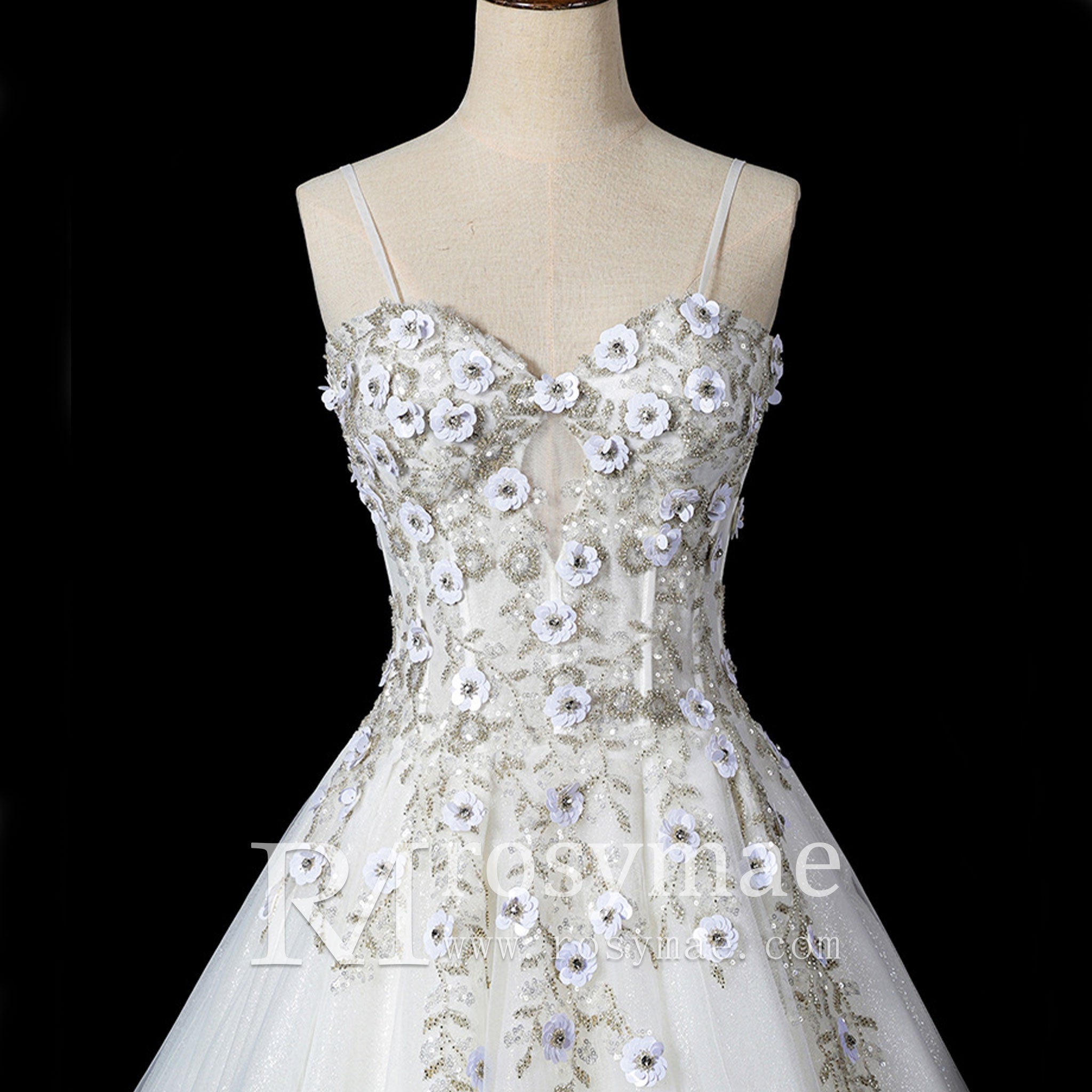 Spaghetti Strap Lace Tulle Ball Gown Wedding Dress Bridal Gown - Rosymae