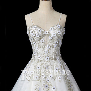 Spaghetti Strap Lace Tulle Ball Gown Wedding Dress Bridal Gown - Rosymae