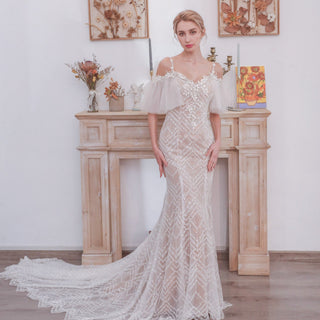 Spaghetti Strap Mermaid Grid Pattern Lace Bridal Wedding Dress - Rosymae