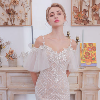 Spaghetti Strap Mermaid Grid Pattern Lace Bridal Wedding Dress - Rosymae