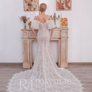 Spaghetti Strap Mermaid Grid Pattern Lace Bridal Wedding Dress - Rosymae