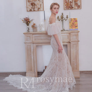 Spaghetti Strap Mermaid Grid Pattern Lace Bridal Wedding Dress - Rosymae