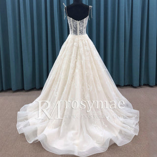 Spaghetti Strap Neckline A-line Wedding Dress Sheer Bodice - Rosymae