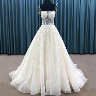 Spaghetti Strap Neckline A-line Wedding Dress Sheer Bodice - Rosymae