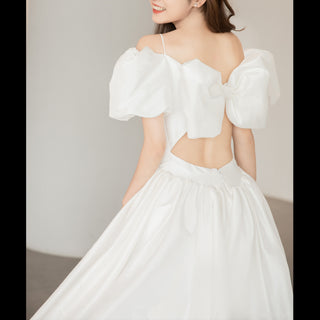 Off the Shoulder Satin A-line Wedding Dress with Spaghetti Straps