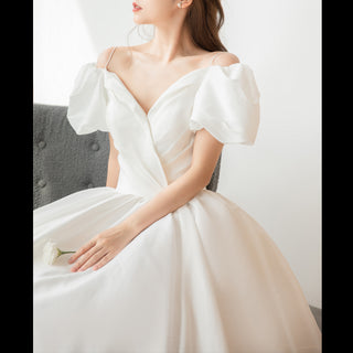 Off the Shoulder Satin A-line Wedding Dress with Spaghetti Straps