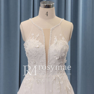 Spaghetti Strap Plunging A-line Tulle Wedding Dress Low Back - Rosymae