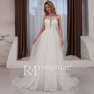 Spaghetti Strap Plunging A-line Tulle Wedding Dress Low Back - Rosymae