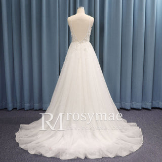 Spaghetti Strap Plunging A-line Tulle Wedding Dress Low Back - Rosymae