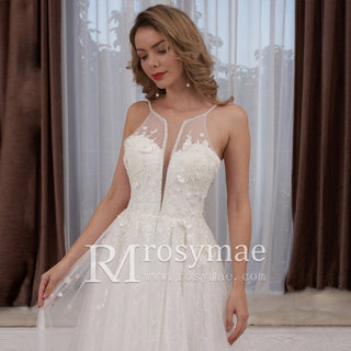 Spaghetti Strap Plunging A-line Tulle Wedding Dress Low Back - Rosymae