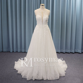 Spaghetti Strap Plunging A-line Tulle Wedding Dress Low Back - Rosymae