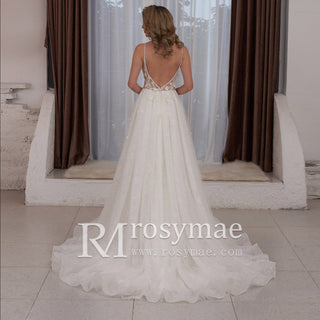 Spaghetti Strap Plunging A-line Tulle Wedding Dress Low Back - Rosymae