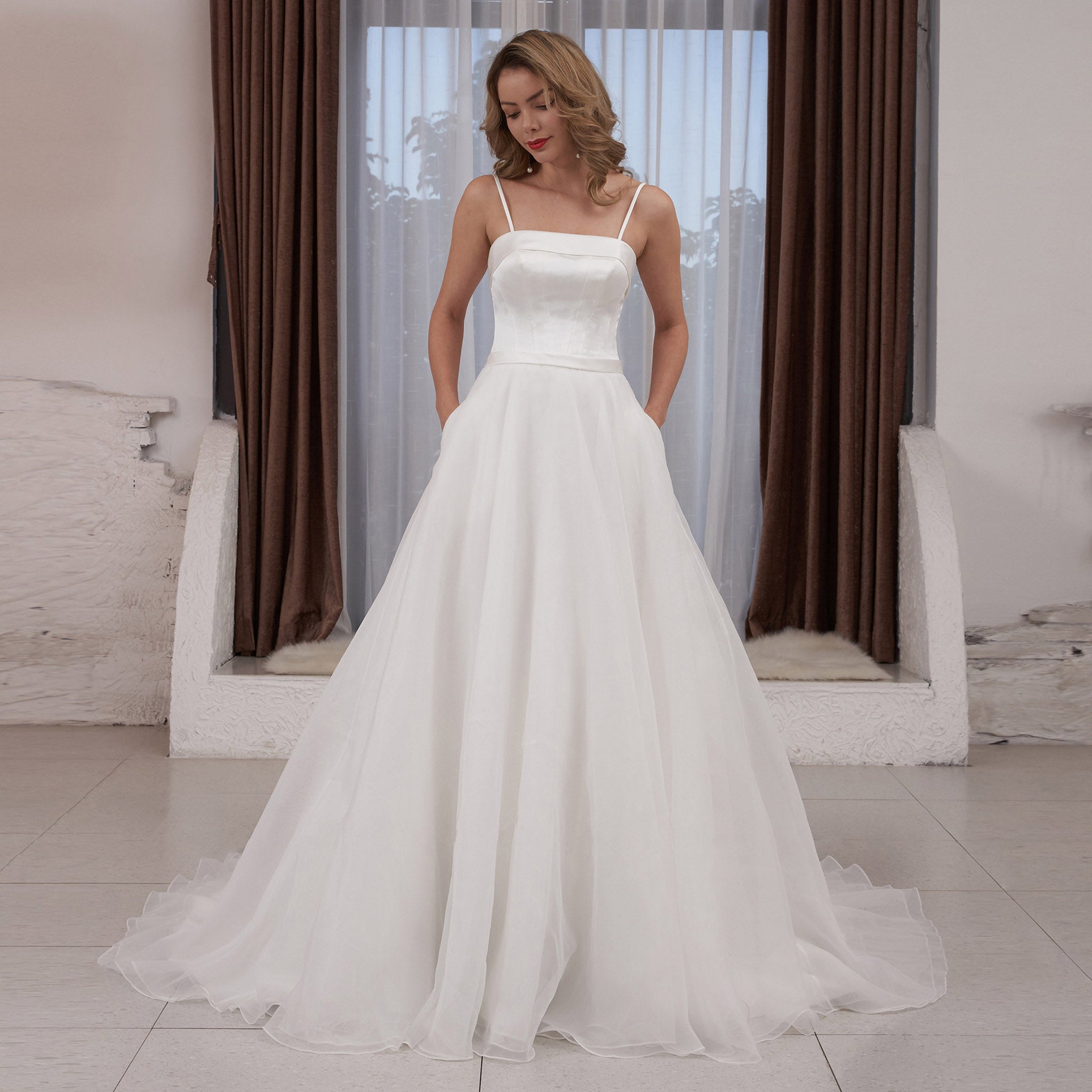 Spaghetti Strap Satin and Organza Wedding Dress with Pocket Ivory / 26W Spaghetti Strap Satin and Organza Wedding Dress with Pocket Ivory / 26W