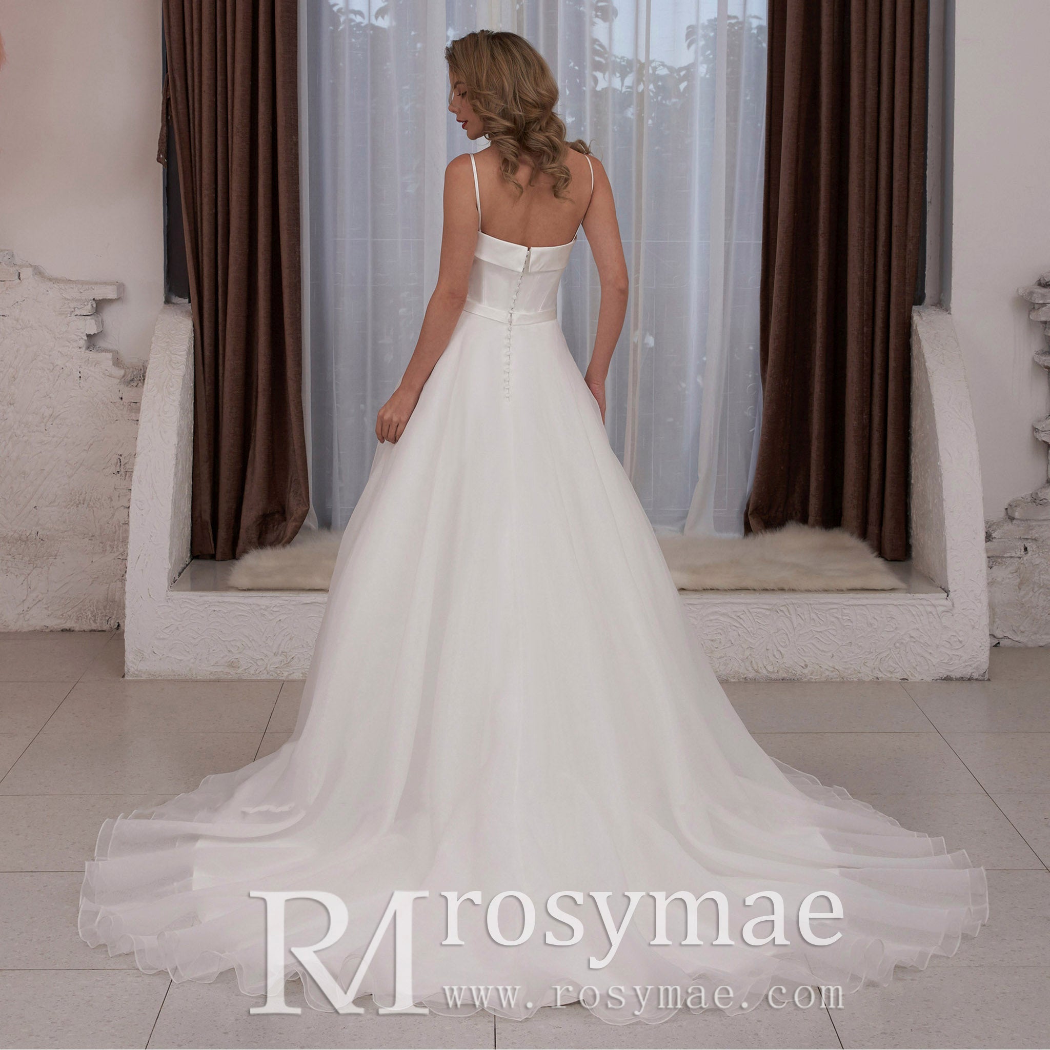 Spaghetti Strap Satin and Organza Wedding Dress with Pocket - Rosymae