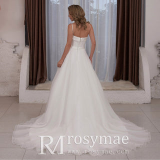 Spaghetti Strap Satin and Organza Wedding Dress with Pocket - Rosymae
