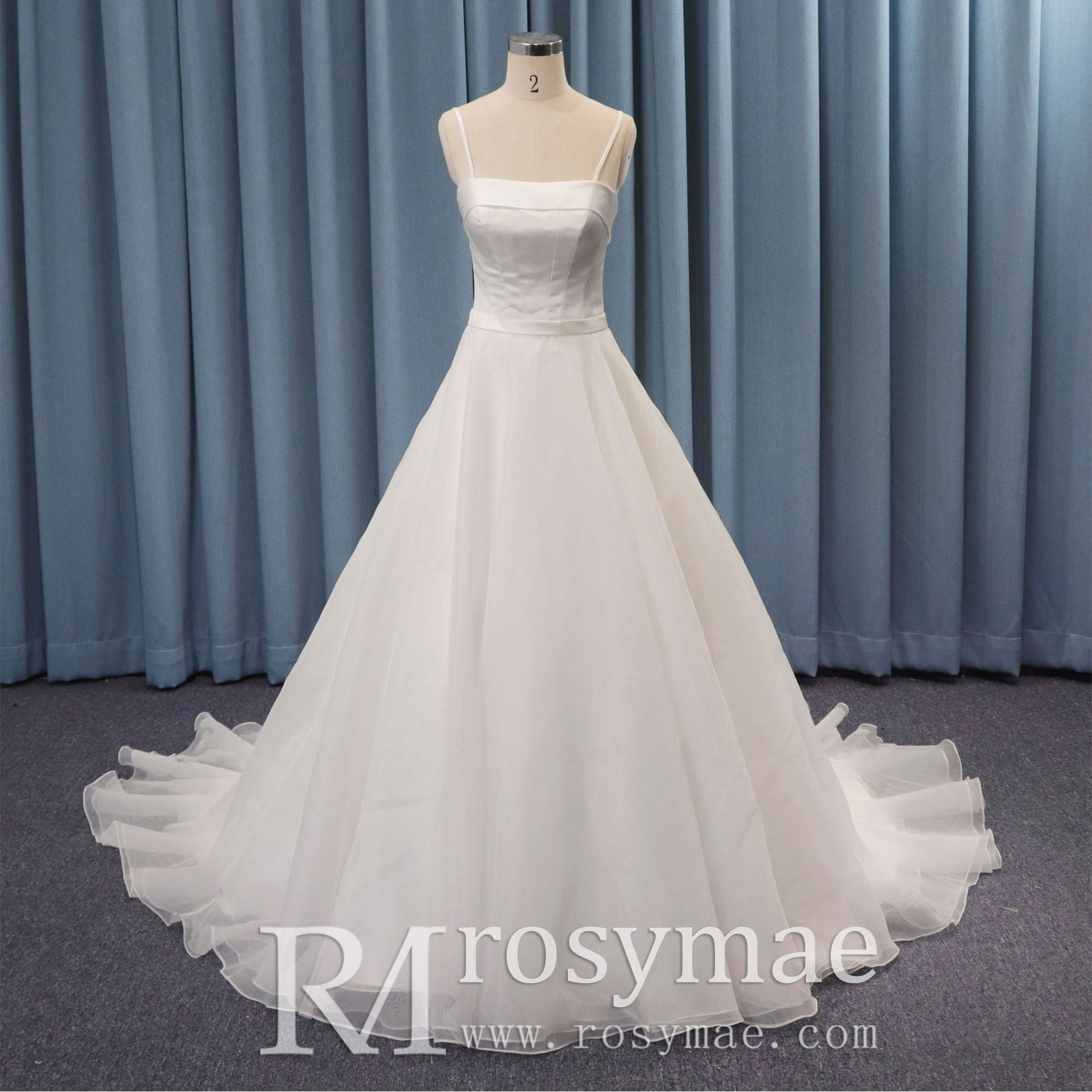Spaghetti Strap Satin and Organza Wedding Dress with Pocket - Rosymae