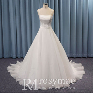 Spaghetti Strap Satin and Organza Wedding Dress with Pocket - Rosymae